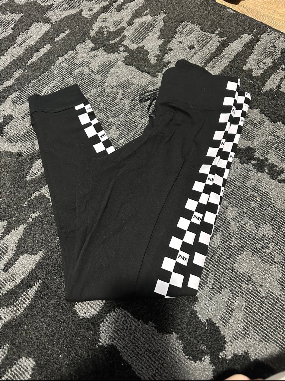 PINK Victoria's Secret Black Leggings with Checkerboard Side Stripe